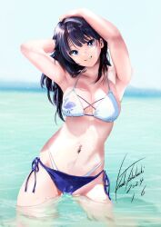 Rule 34 | 1girl, arms up, bikini, blue bikini, blue eyes, blue hair, breasts, collarbone, commentary, dated, day, hand in own hair, hand on own head, highres, kazuki (aquariumseen), long hair, looking at viewer, navel, original, outdoors, partially submerged, side-tie bikini bottom, signature, solo, swimsuit, water, wet, white bikini