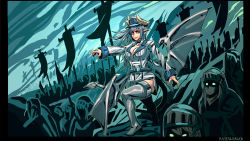 Rule 34 | 1girl, army, black border, blue hat, blue theme, boots, border, breasts, cleavage, closed mouth, demon girl, demon horns, demon tail, demon wings, grey footwear, hat, horns, jacket, large breasts, lilim (monster girl encyclopedia), long hair, monster girl encyclopedia, orange eyes, original, peaked cap, pointing, ramenwarwok, signature, smile, solo, solo focus, tail, thigh boots, thighhighs, victoria (lilim), white jacket, wings