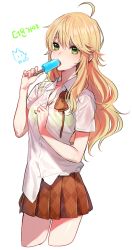 Rule 34 | 1girl, bad id, bad twitter id, blonde hair, bra, food, green eyes, hoshii miki, idolmaster, idolmaster (classic), popsicle, rod (rod4817), shirt, simple background, skirt, solo, underwear, untucked shirt, wet, wet clothes