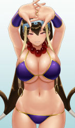 Rule 34 | 1girl, armpits, bare shoulders, bead necklace, beads, bikini, blue background, blush, breasts, brown hair, cleavage, collarbone, earrings, fate/grand order, fate (series), gonoike biwa, gradient background, hair between eyes, highres, hip focus, hoop earrings, jewelry, large breasts, long hair, looking at viewer, low-tied long hair, navel, necklace, prayer beads, purple bikini, purple eyes, simple background, solo, stretching, swimsuit, thighs, very long hair, xuangzang sanzang (fate)