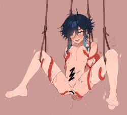 Rule 34 | 1boy, bdsm, black hair, blue eyes, blue hair, blush, bondage, bound, braid, brown background, censored, drooling, emoji, genshin impact, gradient hair, heart, heart-shaped pupils, highres, ice s s z, male focus, multicolored hair, no shoes, open mouth, penis, short hair with long locks, simple background, smile, solo, squid, swept bangs, symbol-shaped pupils, tentacles, tentacles on male, thighhighs, twin braids, venti (genshin impact), white thighhighs