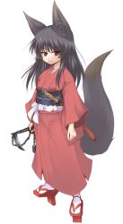 Rule 34 | 1girl, animal ear fluff, animal ears, batta (kanzume quality), black hair, closed mouth, commentary request, fox ears, fox tail, full body, geta, holding, japanese clothes, katana, kimono, long hair, long sleeves, looking at viewer, obi, original, red eyes, red footwear, red kimono, sandals, sash, scabbard, sheath, simple background, solo, standing, sword, tabi, tail, tengu-geta, weapon, white background
