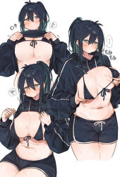 Rule 34 | 1girl, absurdres, bikini, black bikini, black hair, black hoodie, blush, breasts, cleavage, closed mouth, clothes lift, grey eyes, highres, hood, hooded jacket, hoodie, hoodie lift, jacket, large breasts, lifting own clothes, long hair, midorino (green-happy), navel, original, paid reward available, ponytail, shorts, simple background, sitting, swimsuit, white background