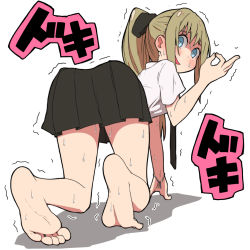 Rule 34 | all fours, ass, barefoot, blonde hair, blue eyes, feet, fellatio gesture, from behind, looking back, necktie, original, ponytail, salpin, simple background, skirt, soles, sweat, toes, trembling, white background
