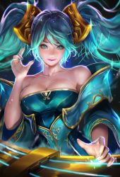 Rule 34 | 1girl, aqua eyes, aqua hair, aqua nails, bare shoulders, blush, breasts, cleavage, etwahl, female focus, gradient background, highres, large breasts, league of legends, lips, long hair, looking at viewer, nail polish, sakimichan, smile, solo, sona (league of legends), twintails, upper body, very long hair, watermark