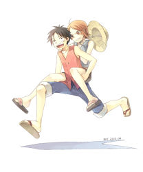 Rule 34 | 1boy, 1girl, angry, bat (coumori), blush, brown eyes, brown hair, carrying, hat, monkey d. luffy, nami (one piece), one piece, piggyback, running, sandals, scar, stampede string, straw hat
