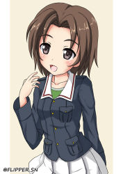 Rule 34 | 10s, 1girl, :d, arm behind back, blue jacket, brown eyes, brown hair, commentary, flipper, girls und panzer, green shirt, head tilt, jacket, long sleeves, looking at viewer, military, military uniform, miniskirt, one-hour drawing challenge, ooarai military uniform, open mouth, parted bangs, pleated skirt, sawa azusa, shirt, short hair, skirt, smile, solo, standing, twitter username, uniform, upper body, white skirt, yellow background