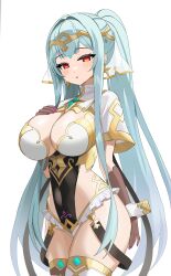 Rule 34 | 1girl, absurdres, aqua hair, breasts, brown gloves, circlet, cleavage, commission, covered navel, cowboy shot, epic seven, frills, gloves, gold trim, hand on own chest, hand up, highres, large breasts, long hair, looking at viewer, nail polish, parted lips, ponytail, red eyes, revealing clothes, roana (epic seven), short sleeves, shrug (clothing), sidelocks, simple background, sinkee, solo, standing, thighhighs, thighs, very long hair, white background, white thighhighs, wrist cuffs