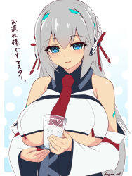 Rule 34 | 1girl, android, artist name, bare shoulders, blue eyes, blush, breasts, crop top, cup, dangan neko, detached sleeves, dress, drinking glass, grey hair, headgear, highres, holding, holding cup, holding drinking glass, large breasts, long hair, long sleeves, looking at viewer, necktie, no bra, original, parted lips, red necktie, russia (dangan neko), sidelocks, sleeveless, sleeveless dress, smile, solo, symbol-shaped pupils, translated, underboob, upper body, wide sleeves, x x