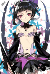 Rule 34 | 10s, 1girl, bad id, bad pixiv id, bare shoulders, black hair, black princess, detached sleeves, female focus, fishnet pantyhose, fishnets, flat chest, flower, jaenbba, looking at viewer, pantyhose, revealing clothes, signature, six heart princess, skirt, smile, solo, teiue tamaki