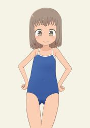 Rule 34 | 1girl, bare arms, bare legs, bare shoulders, blush, brown hair, child, closed mouth, collarbone, female focus, flat chest, full body, gluteal fold, highres, looking at viewer, looking down, one-piece swimsuit, original, simple background, smile, solo, swimsuit, thigh gap, tomboo