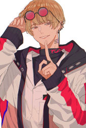 Rule 34 | 1boy, absurdres, blonde hair, butchi, ear piercing, earrings, finger to mouth, glasses, highres, jacket, jewelry, long sleeves, looking to the side, male focus, paradox live, piercing, red eyes, ring, short sleeves, shushing, smile, solo, white background, yeon hajun