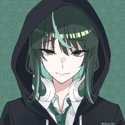 Rule 34 | 1girl, asa no ha (pattern), black hoodie, closed mouth, collared shirt, colored inner hair, commentary, dress shirt, green background, green eyes, green hair, green necktie, headphones, headphones around neck, highres, hood, hood up, hoodie, looking at viewer, multicolored hair, necktie, original, shirt, solo, streaked hair, tsukuno tsuki, twitter username, two-tone hair, upper body, white shirt