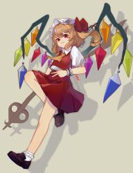Rule 34 | 1girl, absurdres, artist name, ascot, blonde hair, bobby socks, brown footwear, commentary request, crystal, flandre scarlet, full body, hat, highres, knee up, laevatein (touhou), loafers, long hair, looking at viewer, mob cap, one side up, orange ascot, parted lips, puffy short sleeves, puffy sleeves, red eyes, red ribbon, red skirt, red vest, ribbon, shirt, shoes, short sleeves, skirt, smile, socks, solo, touhou, twitter username, user knyy7527, vest, white hat, white shirt, white socks, wings, wrist cuffs