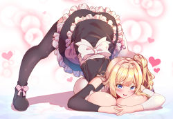 Rule 34 | 1girl, :d, all fours, apron, asymmetrical sleeves, black dress, black thighhighs, blonde hair, blue eyes, blush, bow, breast pillow, breast press, breasts, bursting breasts, cleavage, detached sleeves, dress, frilled apron, frilled dress, frills, heart, highres, hikotou (sao73cat), huge breasts, jack-o&#039; challenge, layered dress, long hair, looking at viewer, maid, nervous smile, open mouth, original, pink background, pink bow, raised eyebrows, self pillow, shoes, side ponytail, sleeveless, sleeveless dress, smile, solo, spread legs, thighhighs, top-down bottom-up, underbust, waist apron, waist bow, white apron, white bow