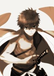 Rule 34 | 1boy, abs, brown theme, cape, drawing sword, emiya shirou, fate/grand order, fate (series), fighting stance, holding, holding sword, holding weapon, katana, limited/zero over, looking at viewer, male focus, matsuya (pile), monochrome, ready to draw, senji muramasa (fate), simple background, sword, upper body, weapon, white background