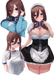 Rule 34 | 1girl, absurdres, alternate costume, apron, black corset, blue cardigan, blue eyes, blush, breasts, brown hair, cardigan, cleavage, corset, cowboy shot, cropped legs, cropped torso, enmaided, go-toubun no hanayome, gym shirt, hair between eyes, tucking hair, headphones, headphones around neck, highres, hiyoku, large breasts, looking at viewer, maid, maid headdress, multiple persona, nakano miku, ponytail, puffy short sleeves, puffy sleeves, shirt, short sleeves, simple background, smile, upper body, white apron, white background