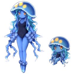Rule 34 | 1girl, akthree0, blue hair, blue skin, chibi, colored skin, female focus, jellyfish girl, monster girl, one-piece swimsuit, original, simple background, smile, solo, swimsuit, tentacles, white background