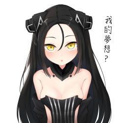 Rule 34 | 1girl, android, bare shoulders, black hair, blush, breasts, chinese text, cleavage, collarbone, commentary request, detached sleeves, dreamer (girls&#039; frontline), forehead, girls&#039; frontline, hair between eyes, highres, huomao (akcat), looking at viewer, medium breasts, revealing clothes, sangvis ferri, simple background, solo, traditional chinese text, translated, white background, yellow eyes