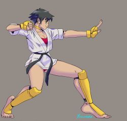 Rule 34 | 1girl, adapted costume, armor, bare legs, barefoot, black hair, bra, breasts, choker, cleavage, clenched hand, dougi, fighting stance, fingerless gloves, from side, full body, gloves, greaves, grey background, highres, incoming attack, incoming punch, karate, karate gi, makoto (street fighter), panties, punching, red bra, red panties, red sports bra, short hair, solo, sports bra, street fighter, street fighter iii (series), toes, underwear, yellow choker, yellow gloves, yokimura