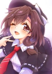 Rule 34 | 1girl, ;d, arm up, black hat, black skirt, blush, bow, breasts, brown eyes, brown hair, collared shirt, commentary request, eyelashes, fedora, hair ribbon, hat, hat bow, hat ribbon, highres, keyaki chimaki, long sleeves, looking at viewer, medium breasts, medium hair, necktie, one eye closed, open mouth, red necktie, ribbon, ribbon-trimmed capelet, shirt, simple background, skirt, smile, solo, standing, tie clip, tongue, touhou, tress ribbon, upper body, usami renko, v, white background, white bow, white ribbon, white shirt, wing collar