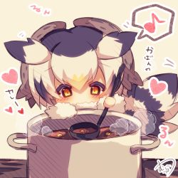 Rule 34 | 10s, 1girl, black hair, blush, chibi, cooking, covered mouth, eighth note, fur-trimmed sleeves, fur collar, fur trim, hair between eyes, head wings, heart, holding, kemono friends, ladle, long sleeves, multicolored hair, musical note, muuran, northern white-faced owl (kemono friends), orange eyes, orange hair, pot, signature, silver hair, solo, spoken musical note, steam, stew, translation request, wings