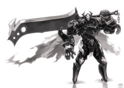 Rule 34 | 1boy, absurdres, armor, breastplate, cape, chain, full armor, gauntlets, greaves, greyscale, helm, helmet, highres, holding, holding sword, holding weapon, huge weapon, male focus, mecha, monochrome, okuto, original, over shoulder, pauldrons, robot, shoulder armor, signature, simple background, solo, standing, sword, sword over shoulder, torn, torn cape, torn clothes, vambraces, weapon, weapon over shoulder, white background