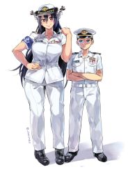 Rule 34 | 10s, 1boy, 1girl, admiral (kancolle), alternate costume, belt, black eyes, black hair, blush, brown eyes, crossed arms, female service cap, full body, hand on own hip, hat, highres, kantai collection, long hair, looking at another, military, military hat, military uniform, nagato (kancolle), naval uniform, norinco, peaked cap, simple background, smile, twitter username, uniform, white background