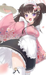 Rule 34 | 1girl, apron, bell, black hair, blue archive, blue bow, blush, bow, bush, commentary, dress, eyes visible through hair, floral print, frilled apron, frilled dress, frilled kimono, frills, hair bow, hair ornament, highres, japanese clothes, jingle bell, kimono, long hair, long sleeves, looking at viewer, maid, maid apron, maid headdress, multicolored bow, open mouth, petticoat, pink bow, pink kimono, pink ribbon, print kimono, purple eyes, ribbon, shizuko (blue archive), socks, solo, straight-on, surprised, thighhighs, two side up, user tfhk7347, v-shaped eyebrows, very long hair, wa maid, waist apron, waitress, white apron, white background, white bow, white socks, white thighhighs, wide sleeves