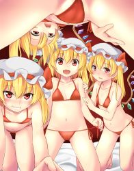 Rule 34 | 1girl, barefoot, bed sheet, bikini, blonde hair, blush, breasts, clone, fang, flandre scarlet, four of a kind (touhou), grin, hat, leaning forward, looking at viewer, looking down, multiple persona, naughty face, navel, open mouth, red bikini, red eyes, shimouki izui, side-tie bikini bottom, side ponytail, small breasts, smile, spread legs, swimsuit, tearing up, touhou, untying, wings