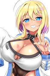 Rule 34 | + +, 1girl, absurdres, ahoge, anchor choker, azur lane, blonde hair, blue eyes, blush, breast tattoo, breasts, cleavage, cleavage cutout, clothing cutout, coat, collarbone, commentary request, covered navel, glint, grin, groin, gyaru, hair between eyes, hair ornament, hairclip, highres, large breasts, leotard, leotard under clothes, long sleeves, looking at viewer, marblehead (azur lane), midriff, multicolored hair, nail polish, navel piercing, open clothes, open coat, piercing, pink hair, pink nails, red scrunchie, scrunchie, short hair with long locks, sidelocks, simple background, sleeves past fingers, sleeves past wrists, smile, solo, standing, tattoo, taut clothes, two-tone hair, unishari, upper body, v, white background, white coat, wrist scrunchie