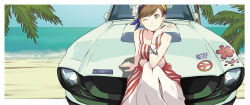 Rule 34 | 1girl, bad id, bad pixiv id, beach, brown hair, car, dress, ford, ford mustang, green eyes, hand on own chin, motor vehicle, one eye closed, original, palm tree, sitting, solo, swept bangs, tree, vehicle, wink, yoshito
