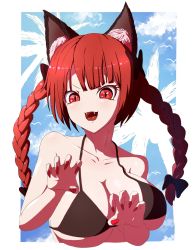 Rule 34 | 1girl, animal ears, bikini, black bow, blue sky, bow, braid, breasts, cat ears, cloud, day, fangs, hair bow, highres, kaenbyou rin, long hair, multiple tails, nail polish, pepelonthi, red eyes, red hair, red nails, sky, solo, swimsuit, tail, touhou, twin braids, upper body