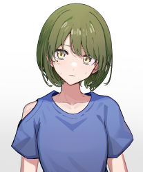 Rule 34 | blue shirt, breasts, closed mouth, clothing cutout, collarbone, commentary, gradient background, green eyes, green hair, highres, idolmaster, idolmaster shiny colors, light blush, looking at viewer, nanakusa nichika, shirt, short hair, shorts, shoulder cutout, simple background, small breasts, solo, suyaya oyasumi, sweat, upper body, white background