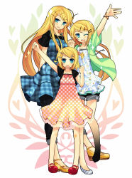 Rule 34 | 3girls, age comparison, ahoge, alternate hairstyle, blonde hair, blue eyes, casual, dress, future style (module), hair ornament, hairclip, highres, kagamine rin, long hair, mary janes, multiple girls, multiple persona, aged up, one eye closed, shoes, tamura hiro, time paradox, vocaloid, wink