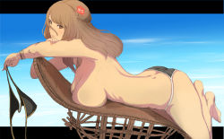 Rule 34 | 1girl, ass, bad id, bad pixiv id, barefoot, bikini, bra, bracelet, braid, breast press, breasts, brown eyes, brown hair, butt crack, chikushi nitouhei, cleavage, dimples of venus, flower, hair flower, hair ornament, highres, holding, holding bra, holding clothes, holding underwear, jewelry, large breasts, long hair, looking at viewer, lying, on stomach, solo, swimsuit, topless, underwear