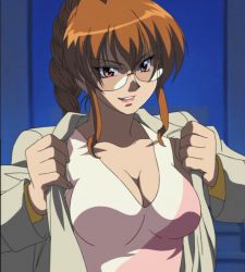 Rule 34 | 1girl, braid, breasts, cleavage, glasses, large breasts, long hair, mahoromatic, orange hair, red eyes, screencap, shikijou saori, smile, solo, stitched, third-party edit, undressing