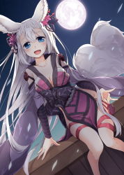 Rule 34 | 1girl, animal ears, blue eyes, breasts, cleavage, detached sleeves, dutch angle, erune, fox ears, fox tail, full moon, granblue fantasy, hair ornament, highres, large breasts, long hair, looking at viewer, moon, night, night sky, open mouth, oruto (ort+), side slit, silver hair, sitting, sky, slit pupils, societte (granblue fantasy), solo, star (sky), starry sky, tail, thigh strap