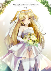 Rule 34 | 1girl, akatsuki uni, ankoku kishi m, arch, bare shoulders, blonde hair, bouquet, breasts, commentary request, dress, elbow gloves, english text, feet out of frame, floral arch, flower, flower wreath, gloves, hair ribbon, highres, holding, holding bouquet, lace, lace-trimmed dress, lace-trimmed ribbon, lace-trimmed thighhighs, lace trim, layered dress, leotard, long hair, looking at viewer, open mouth, parted bangs, red eyes, ribbon, showgirl skirt, small breasts, smile, solo, straight-on, thighhighs, two side up, uni create, very long hair, virtual youtuber, wedding dress, white dress, white gloves, white leotard, white ribbon, white thighhighs, yellow flower