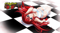 Rule 34 | 10s, 1girl, blue eyes, bra, breasts, cleavage, demon girl, eyecatch, female focus, from above, gradient background, high school dxd, highres, large breasts, long hair, looking at viewer, official art, official wallpaper, open mouth, panties, red hair, rias gremory, screencap, solo, underwear, underwear only, wallpaper, white bra, white panties