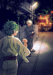 Rule 34 | 2boys, bakugou katsuki, black footwear, black kimono, blonde hair, blurry, boku no hero academia, bush, check clothing, clenched hand, commentary request, curly hair, dated commentary, depth of field, film grain, floating clothes, floating hair, freckles, from behind, glowing, green hair, hands in opposite sleeves, hands up, highres, japanese clothes, kimono, lamppost, lantern, light, long sleeves, looking at another, looking to the side, male focus, midoriya izuku, multiple boys, night, official alternate costume, open mouth, outdoors, paper lantern, partial commentary, perspective, pinstripe kimono, profile, red eyes, red sash, sandals, sash, scar, scar on arm, scar on hand, short hair, sideways glance, sideways mouth, spiked hair, standing, striped clothes, striped kimono, sweatdrop, tannoci, teeth, tile wall, tiles, upper teeth only, vanishing point, vertical-striped clothes, vertical-striped kimono, zouri