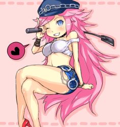 Rule 34 | 1girl, big hair, blue eyes, blue shorts, breasts, capcom, chibi, cuffs, cutoffs, denim, denim shorts, final fight, handcuffs, hat, high heels, large breasts, long hair, nail polish, one eye closed, peaked cap, pink hair, pinky out, poison (final fight), riding crop, seo kichi, shoes, shorts, solo, street fighter, studded collar, tank top, very long hair, wink