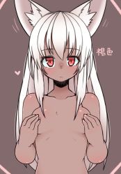 Rule 34 | 1girl, animal ears, bad id, bad pixiv id, breasts, covering nipples, covering privates, dark-skinned female, dark skin, fox ears, heart, highres, looking at viewer, negationtenmaru, nude, red eyes, small breasts, solo, upper body, white hair