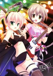 Rule 34 | 2girls, :d, absurdres, animal ears, arisue tsukasa, black legwear, braid, breasts, brown eyes, brown hair, rabbit ears, rabbit tail, electric guitar, fake animal ears, green eyes, guitar, headset, highres, huge filesize, instrument, microphone, microphone stand, microskirt, multiple girls, open mouth, pink hair, skirt, smile, tail, thighhighs, twintails