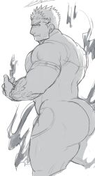 Rule 34 | 1boy, ass, bara, black hair, bodysuit, cropped legs, facial hair, fire, flaming halo, from behind, frown, greyscale, halo, highres, huge ass, large pectorals, looking at viewer, looking back, male focus, mature male, monochrome, muscular, muscular male, pectorals, po fu, pyrokinesis, short hair, sketch, solo, stubble, thick thighs, thighs, tokyo houkago summoners, zabaniyya (housamo)