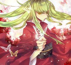 Rule 34 | 1girl, bug, butterfly, c.c., code geass, female focus, gradient background, green hair, insect, japanese clothes, kimono, long hair, masaru shin, solo, yellow eyes