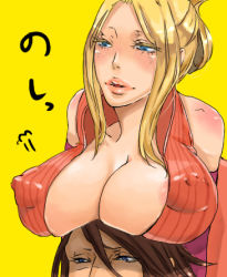 Rule 34 | artist request, blonde hair, blue eyes, blush, breast rest, breasts, breasts on head, brown hair, cleavage, covered erect nipples, final fantasy, final fantasy viii, huge breasts, large breasts, lipstick, long hair, lowres, makeup, nipples, open mouth, parody, quistis trepe, squall leonhart, what