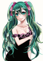 Rule 34 | 1girl, artist name, bad id, bad pixiv id, bare shoulders, breasts, cleavage, dress, green eyes, green hair, hair ribbon, hatsune miku, highres, kyanoko (rakalirica), long hair, looking at viewer, matching hair/eyes, ribbon, romeo to cinderella (vocaloid), simple background, smile, solo, twintails, vocaloid, white background