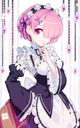 Rule 34 | 10s, 1girl, apron, arm garter, bad id, bad pixiv id, black bow, black ribbon, bow, breasts, chain, closed mouth, cowboy shot, crystal, detached sleeves, dress, eyelashes, finger to mouth, fingernails, flower, frills, hair ornament, hair over one eye, hairclip, hand on own hip, highres, hwansang, light particles, looking at viewer, maid, medium breasts, one eye covered, pink hair, purple eyes, ram (re:zero), re:zero kara hajimeru isekai seikatsu, ribbon, ribbon-trimmed sleeves, ribbon trim, short hair, shushing, smile, solo, striped, striped background, tray, underbust, waist apron, white apron, white background, white bow, white flower, x hair ornament