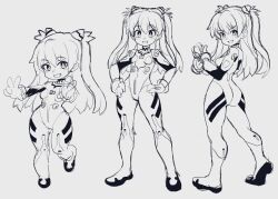 Rule 34 | 1girl, ass, blush, bodysuit, bright pupils, brown hair, character name, chibi, closed mouth, curvy, hands on own hips, interface headset, long hair, looking at viewer, monochrome, multiple views, neon genesis evangelion, pilot suit, plugsuit, shiny clothes, simple background, sketch, slammo, solo, souryuu asuka langley, standing, tsundere, twintails, v, very long hair, wide hips